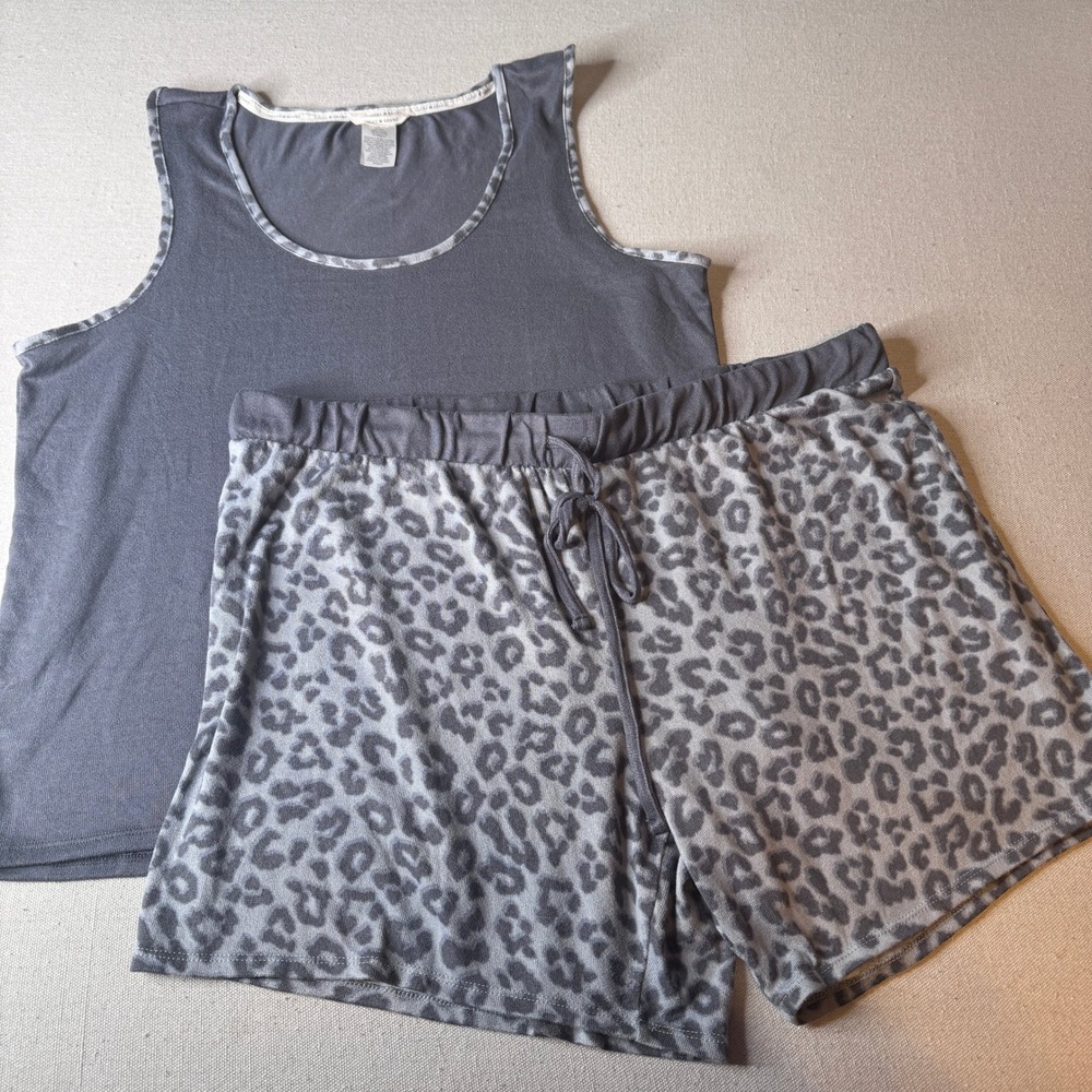 Lucky Brand Womens XXL Charcoal Grey Leopard Print Pajama Tank and Shorts Set